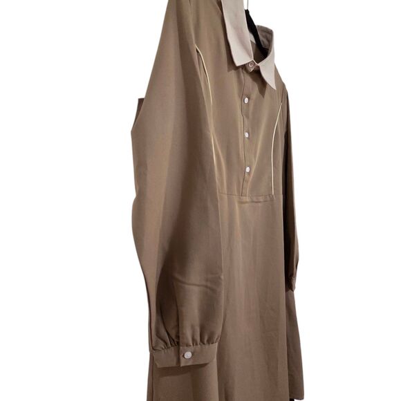 Dazy Tan Beige Contrast Collar Midi Shirt Dress Size L Long Sleeve Rayon Blend - Picture 8 of 10